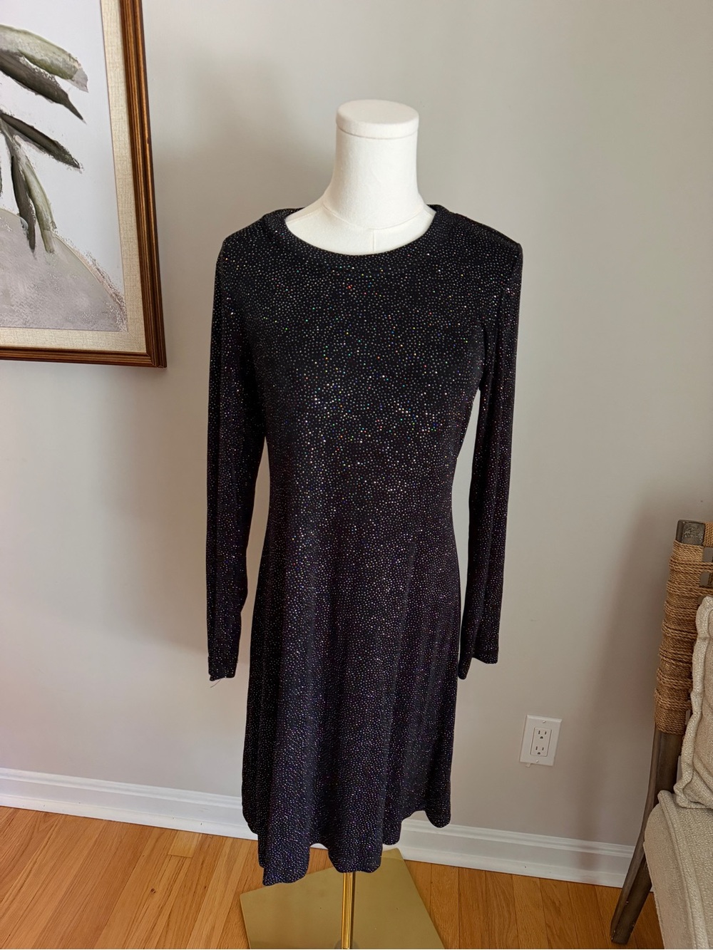 Vintage Ronni Nicole Black Sparkle Dress Long Sleeve Shimmer Made USA Sz 10